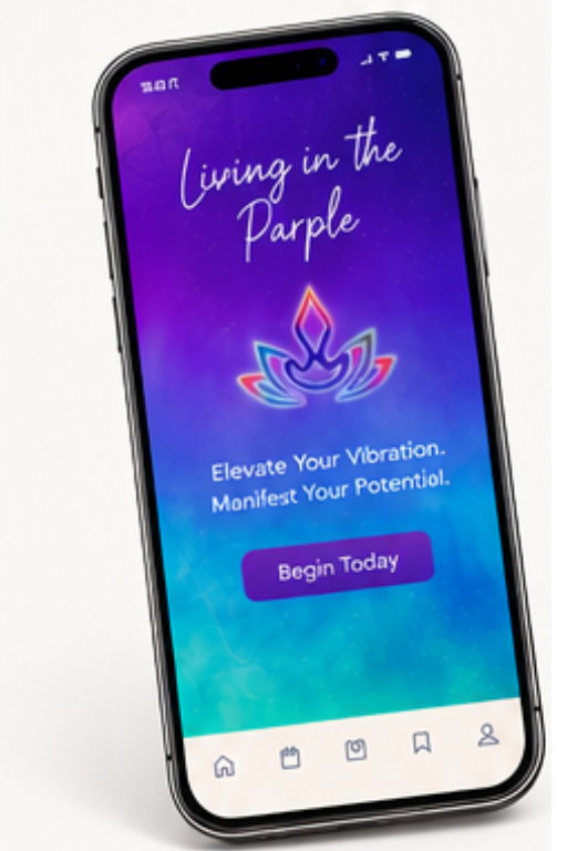 LITP cell (512 x 768 px) Tilted smartphone screen showing an app splash: title 'Living in the Purple', colorful lotus logo, subtitle 'Elevate Your Vibration. Manifest Your Potential.', and a purple 'Begin Today' button.
