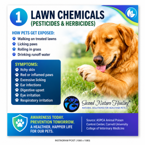 Awareness infographic about lawn chemicals exposure in pets; lists exposure methods and symptoms beside a golden retriever on grass.